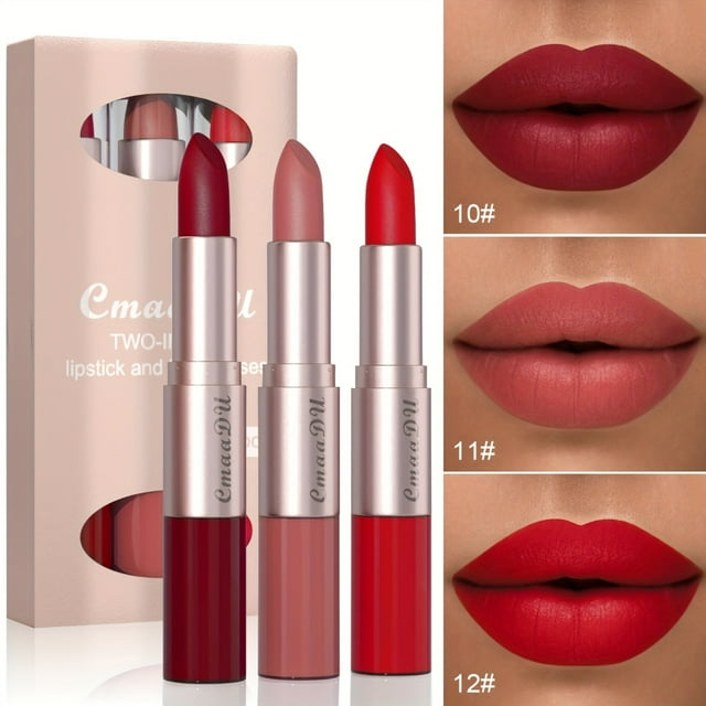 LNGOOR Ensemble de 3 Rouges à Lèvres et gloss 2-en-1 Mat Longue Tenue Imperméable Brillant à Lèvres Double Extrémité Rouge à Lèvres Cadeau des Fêtes Meilleur Choix