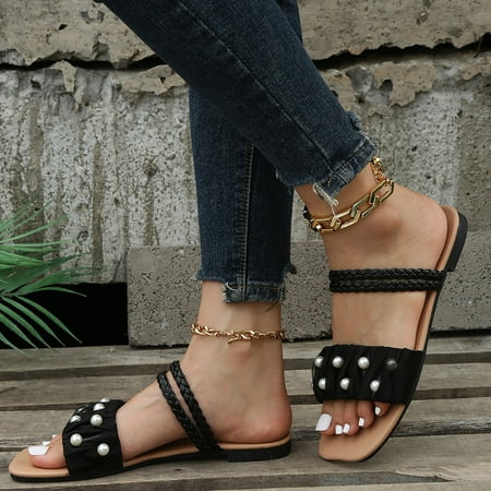 

ERTUTUYI Sandals For Women Fashion Casual Lightweight Falt Sandals Slippers Pearl Decoration Shoes Black 40