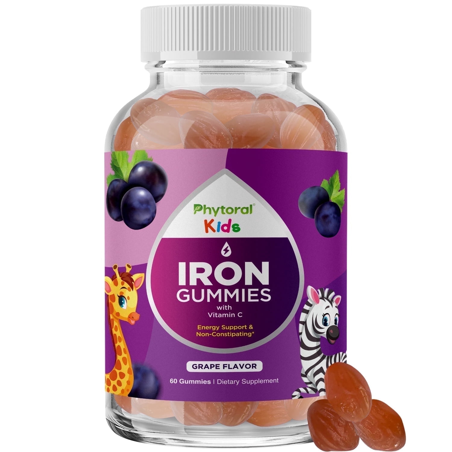 Phytoral Kids Iron Gummies Multivitamin with Vitamins A B C Calcium Zinc – Immune & Focus Support, 60 Count