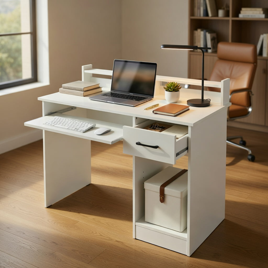 Topcobe Study Laptop Table with Drawer and Keyboard Tray, Desks for Bedrooms, Ideal for Working and Studying, White