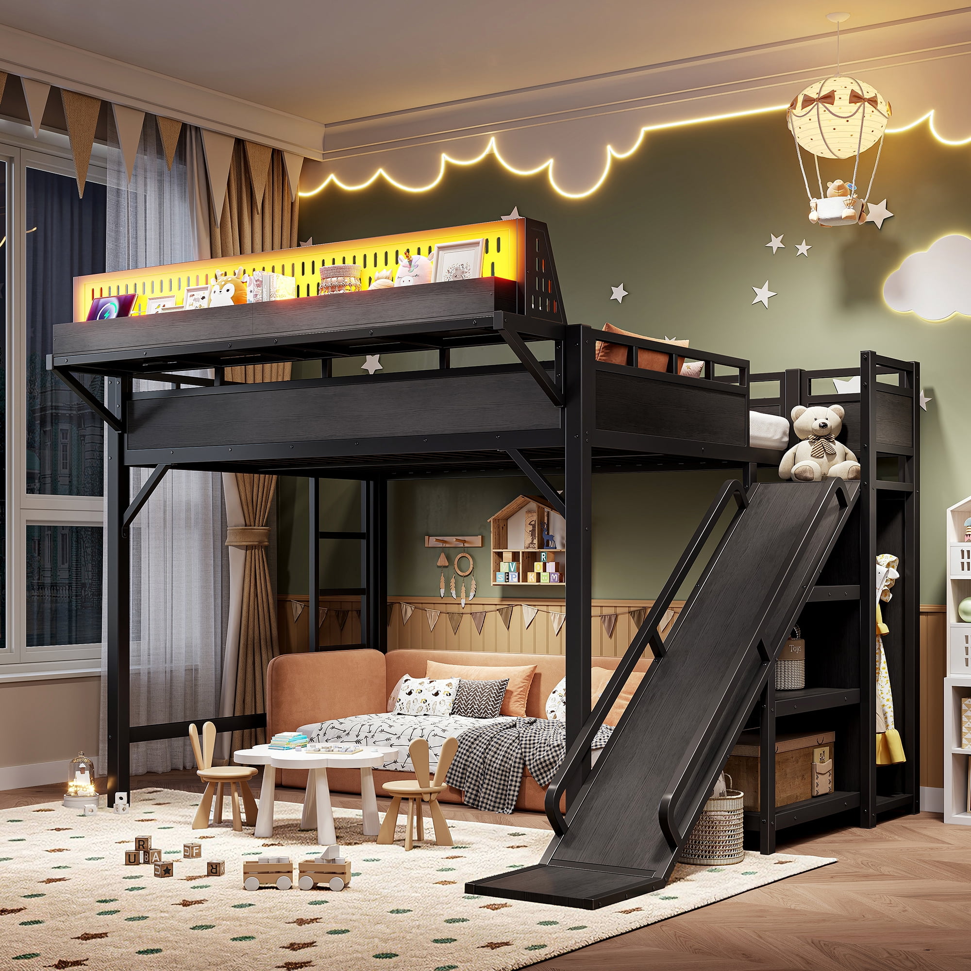 Leumius Queen Size Loft Bed with Slide,Storage Shelves and Built-in Wardrobe,Metal Loft Bed Frame with USB Ports and LED Lights,Pegboard,Safety and Solid,Black