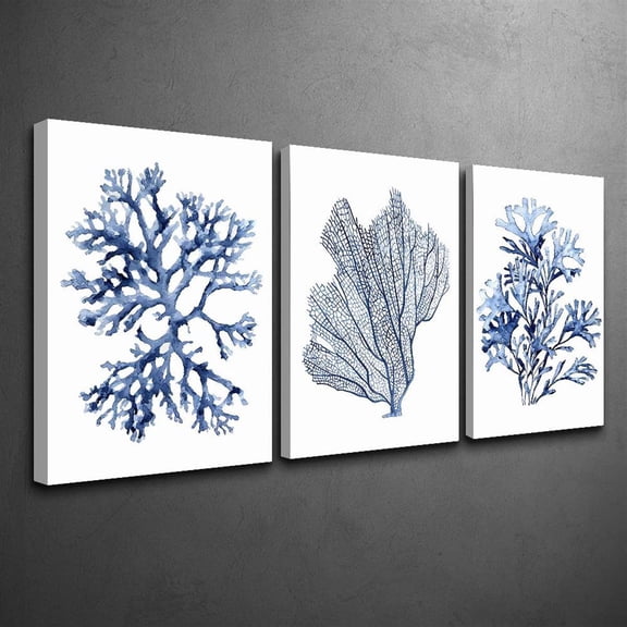 3pcs Canvas Wood Framed Poster Printed Painting, coral and seaweed, botanical prints, nautical wall decor, navy blue art, minimalism, watercolor, Home Room Decor wall art with frame