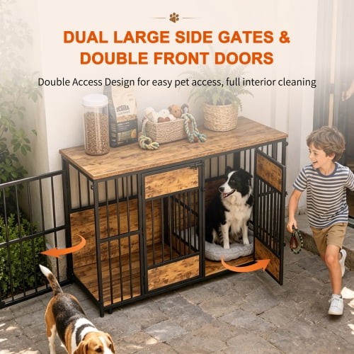 47.2" Large Wooden Dog Crate Furniture with Storage Top – Modern Indoor Dog Kennel Cage, Sturdy Wood & Metal Pet House with Breathable Open Design for Living Room & Bedroom