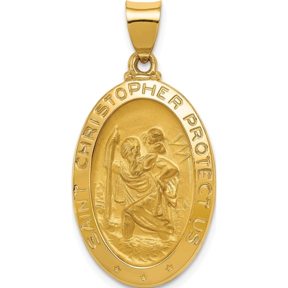 14K Yellow Gold Polished And Satin St Christopher Medal Hollow Pendant (33.5 X 17) Made In United States xr1308