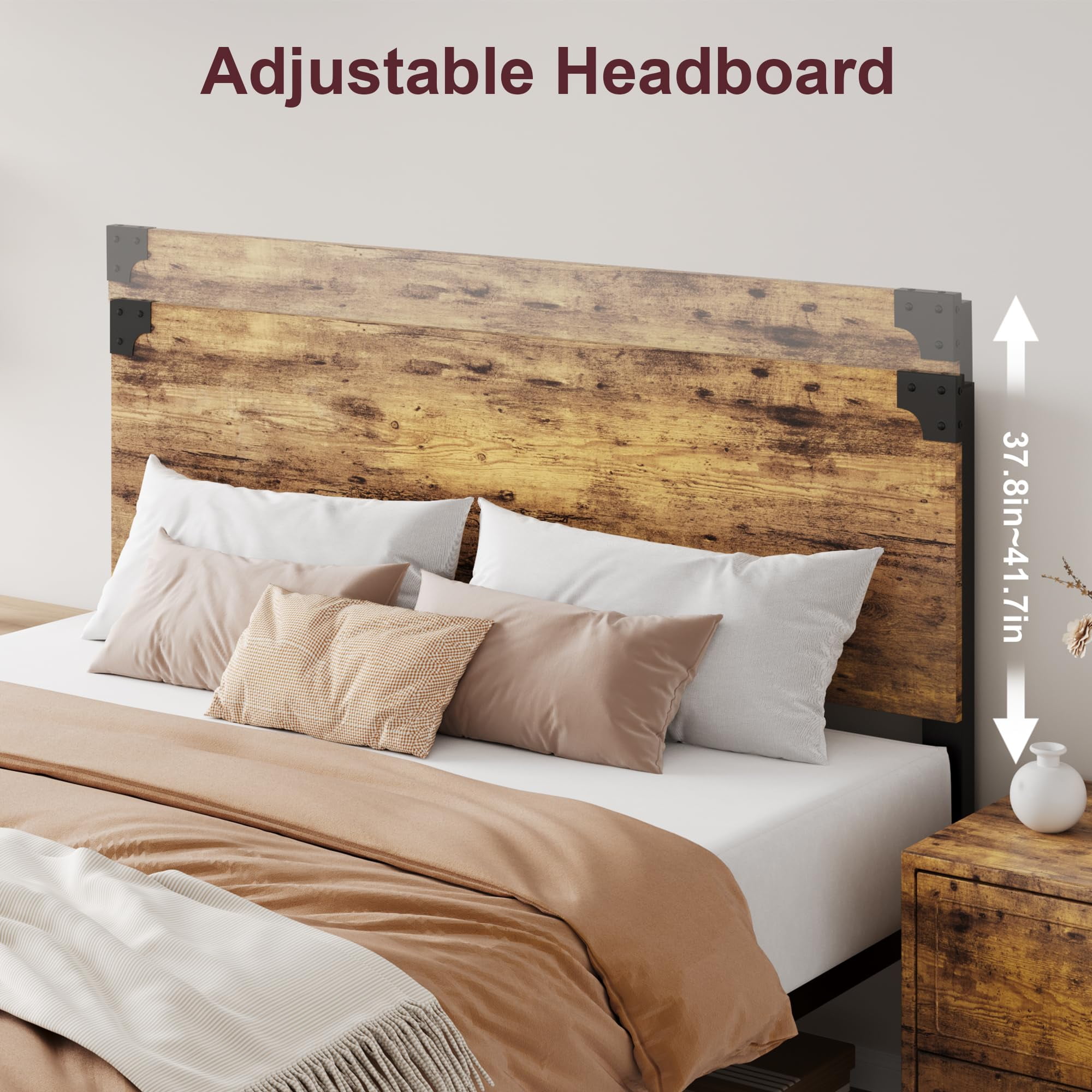 Queen Size Bed Frame with Wood Headboard, King Platform Bed Frame with Under Bed Storage and Metal Legs, Noise Free, No Box Spring Needed, Easy Assembly-Rustic Brown