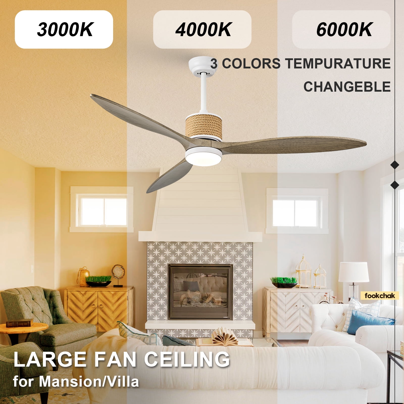 60in Boho White Ceiling Fan Lights with Remote Control 3 Blade Hemp Rope Ceiling Fans with Light Coastal Weathered Wood Ceiling Fan Outdoor Farmhouse Fan Light for Patio Living Room Kitchen