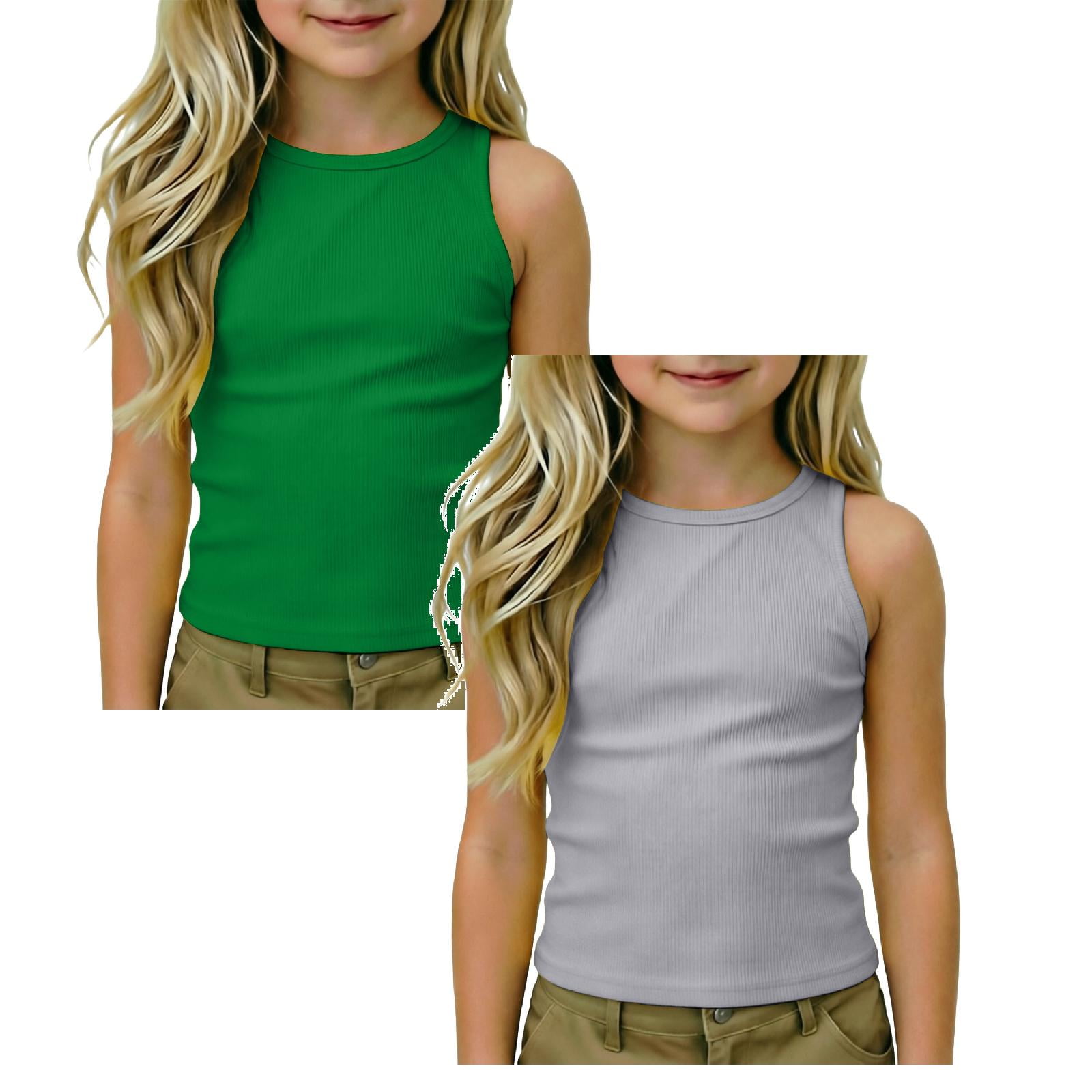 SGMVNU 2 Pack Tank Tops for Girls Summer Casual Fitted Sleeveless Ribbed Shirts Crewneck Racerback Athletic Tees Size 7-8 Years Light Gray & Green