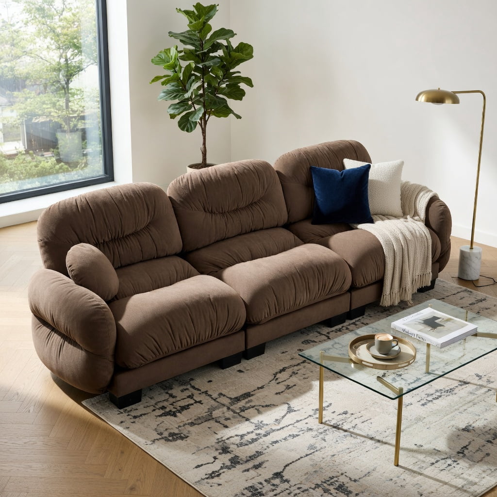 Hommoo Chenille 3-Seater Modular Sofa with Pleated Back Design, Ergonomic High-Density Foam Cushions & Curved Armrests, Includes 2 Round Throw Pillows, Brown