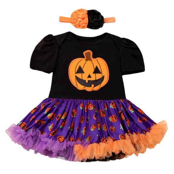 BOOMNY Halloween Toddler Girls 3 Peice Outfit Sets Hallowmas Graphic Short Sleeve Bodysuit With Hairband Sets for Kids Playful Clothing Set