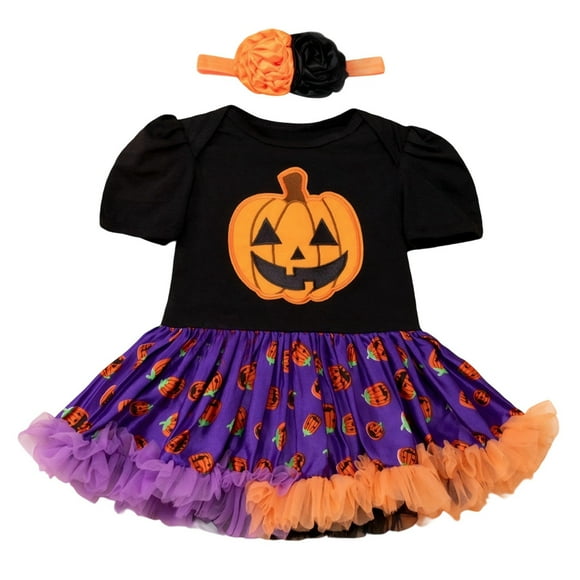 TIWEKE Cute Girls Halloween Outfit Set Pumpkin Print Jumpsuit with Mesh Skirt for Toddler Party Dress for Daily Wear - for for 12-24 Months