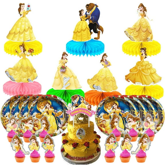 Beast Princess Party Supplies Decor Plates Fans Decorations Honeycomb Centerpieces Cake Toppers