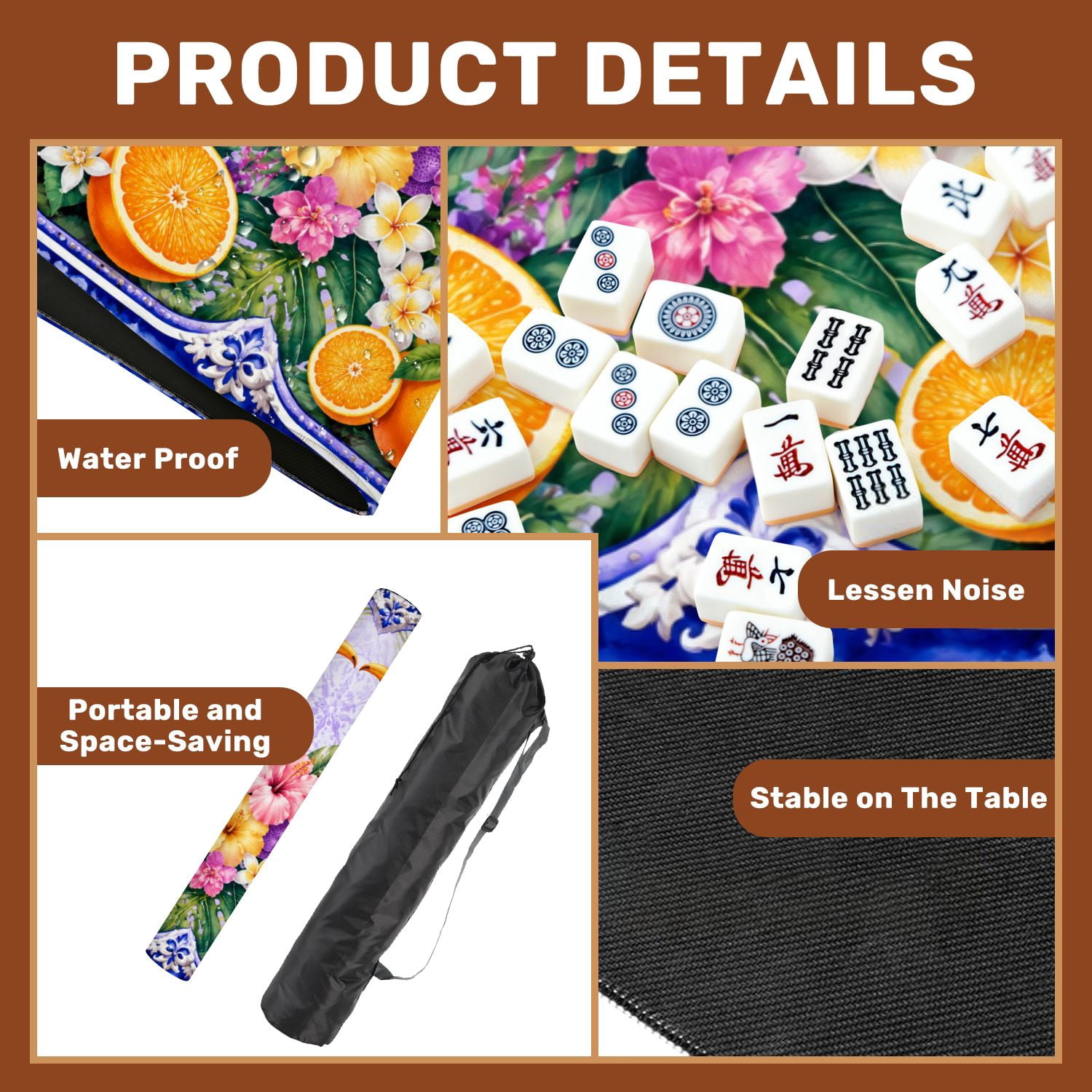 Mahjong Mat 31.5" x 31.5" Tropical Floral Bird Vibrant Colors Exotic Elements Non-Slip Noise Reduction American Mahjong Tiles Table Cover for Dominoes Poker Card Board Games Gift