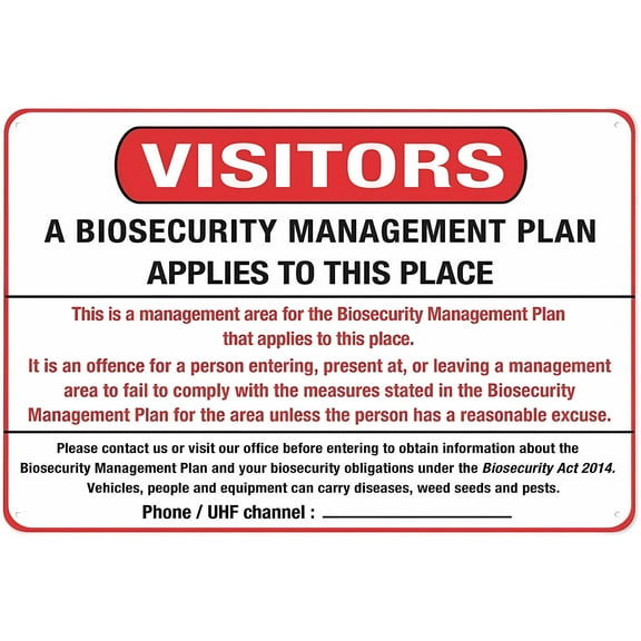 Visitors A Biosecurity Management Plan Applies Here Sign - 12×8 Inches, Aluminum Metal Warning Signage with Symbol, Indoor Outdoor Use