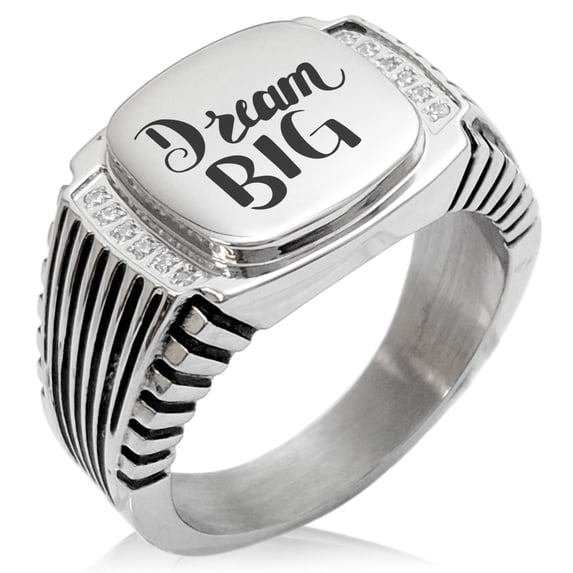 Stainless Steel Dream Big CZ Ribbed Needle Stripe Pattern Biker Style Polished Ring