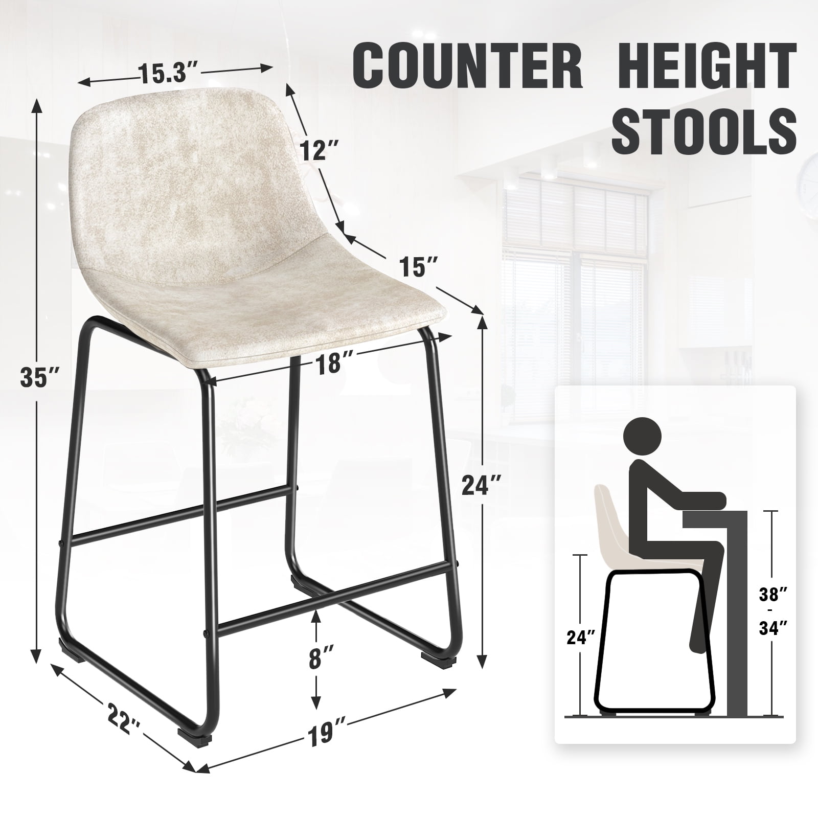 TAVR Furniture Furniture Leathaire Fabric Bar Chairs with Back and Footrest Set of 3