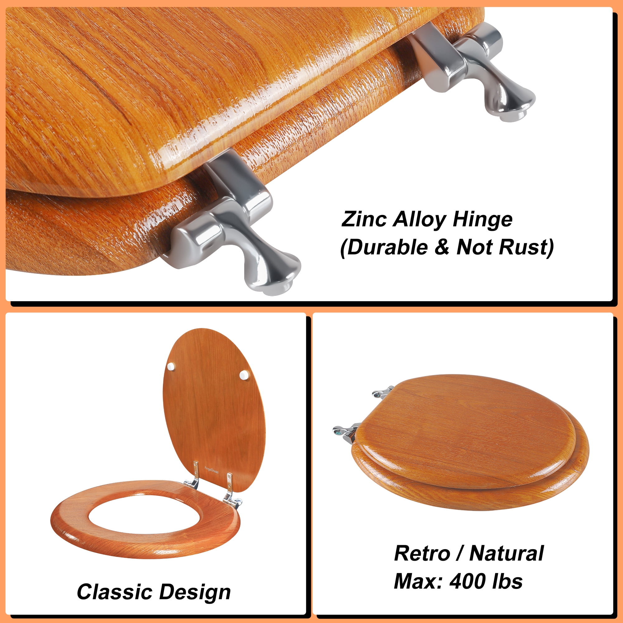 Angol Shiold Wood Round Toilet Seat, Easy Clean, Metal Hinges ( Round 16.5'', Warm Brown )