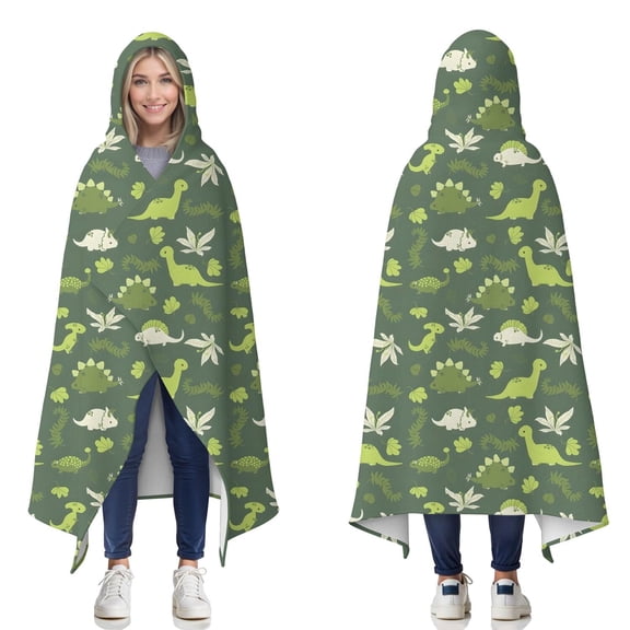 Wearable Blanket,DarkGreen Cartoon Dinosaurs Plants Pattern Hooded Wearable Flannel Blanket for Adults & Teens,Winter Poncho Shawl Wrap Cape Cozy Anti-Pill,50"x60"