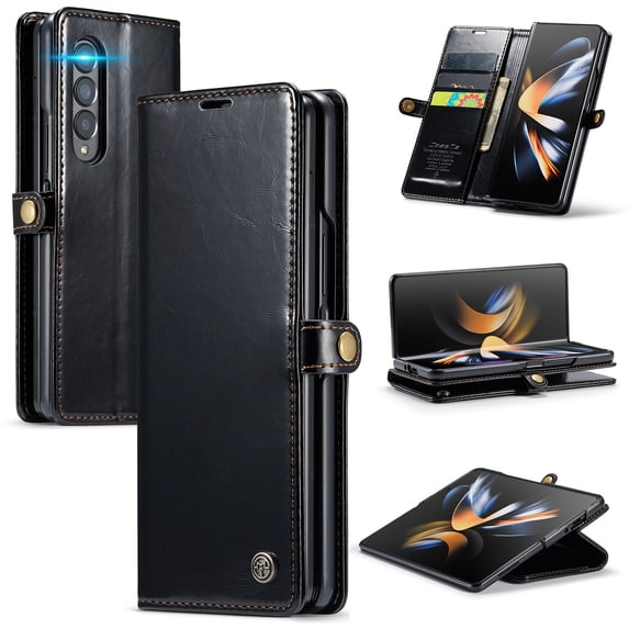 SaniMore for Samsung Galaxy Z Fold 4 (7.6" 2022) Case, PU Leather Auto-magnet Full Protection Flip Kickstand Card & Cash Slots, Retro Shockproof Anti-fall Wallet Business Shell, Black