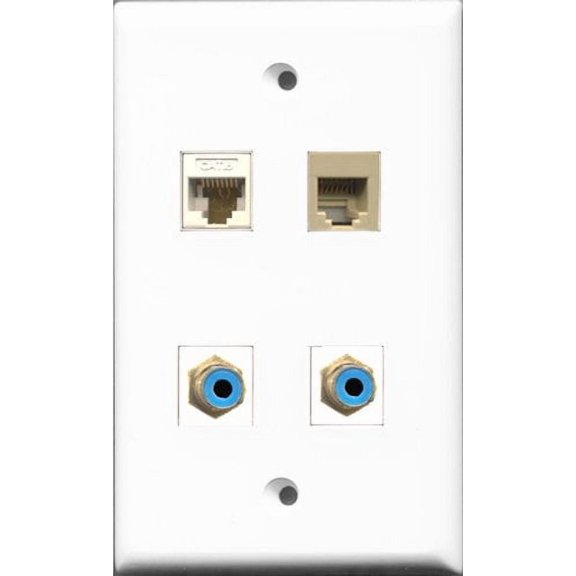 RiteAV - 2 Port RCA Blue and 1 Port Phone RJ11 RJ12 Beige and 1 Port Cat6 Ethernet White Wall Plate