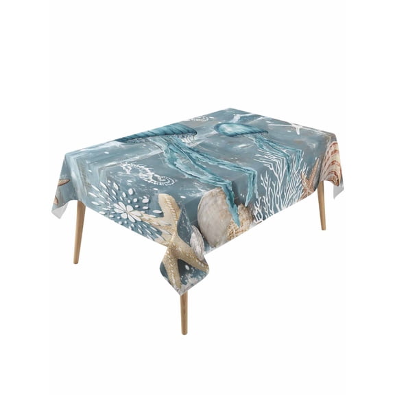 Blue Jellyfish Coastal Table Cloth, Summer Beach Nautical Starfish Coral Waterproof Tablecloth for Rectangle Tables, Reusable Washable Fabric Table Cover for Restaurant Kitchen Dining Tables 60"x120"