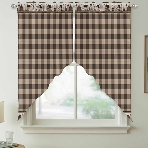 Checkered Plaid Swag Curtain Valances for Kitchen, Rustic Farmhouse Minimalist Vintage Gingham Brown Rod Pocket Curtains Window Treatment Swag Valance for Bedroom Bathroom, 2 Panels 28 x 36 Inch