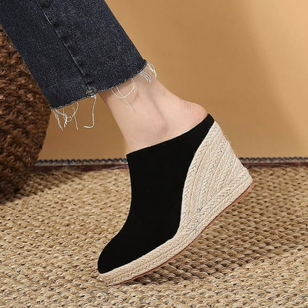 Female Shoes Cover Toe On A Wedge House Slippers Platform Flock Women Heels 2024 Soft Pointed High PU Slip-On Sexy Basic TPR Lac
