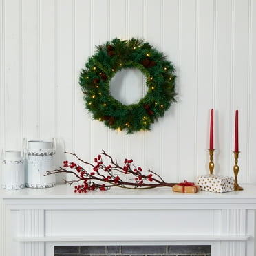 Nearly Natural 20" Mixed Pine and Pinecone Artificial Christmas Wreath with 35 Clear LED Lights, Green