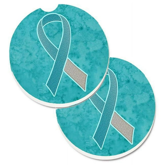 Teal & White Ribbon for Cervical Cancer Awareness Set of 2 Cup Holder Car Coaster