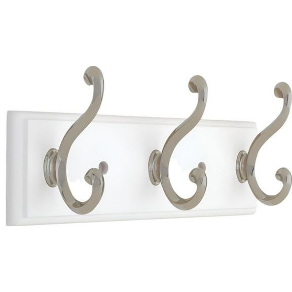 Liberty Hardware 10 in. Coat and Hook Rack with 3-Scroll Hooks - Flat White / Satin Nickel