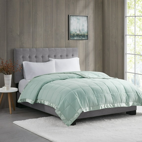 Lightweight Down Alternative Blanket with Satin Trim Seafoam Full/Queen