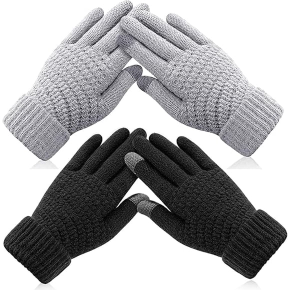 Guantes de Invierno con Pantalla Táctil, Negro y Gris, Tejidos Antideslizantes, Forrados de Felpa, 2 Pares para Mujer y Hombre