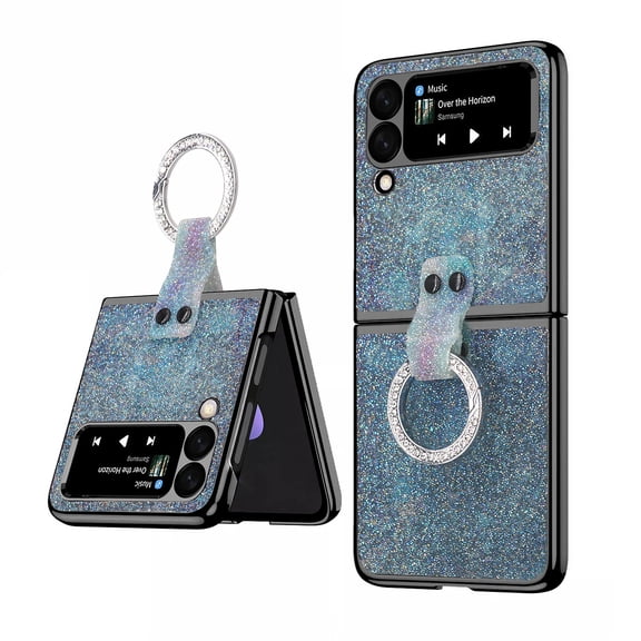 Glitter Case Compatible Samsung Galaxy Z Flip 3 with Ring Bling Diamond Case for Women Girls Shiny Case-Blue