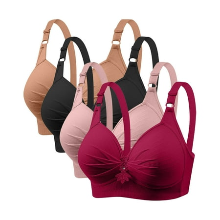 GERsome Pack of 4 Assorted Color Comfortable Full Coverage Bra for Women Wireless Bras with Soft Support Plus Size Everyday Bras 4PC#Pink/Black/Wine/Khaki XS