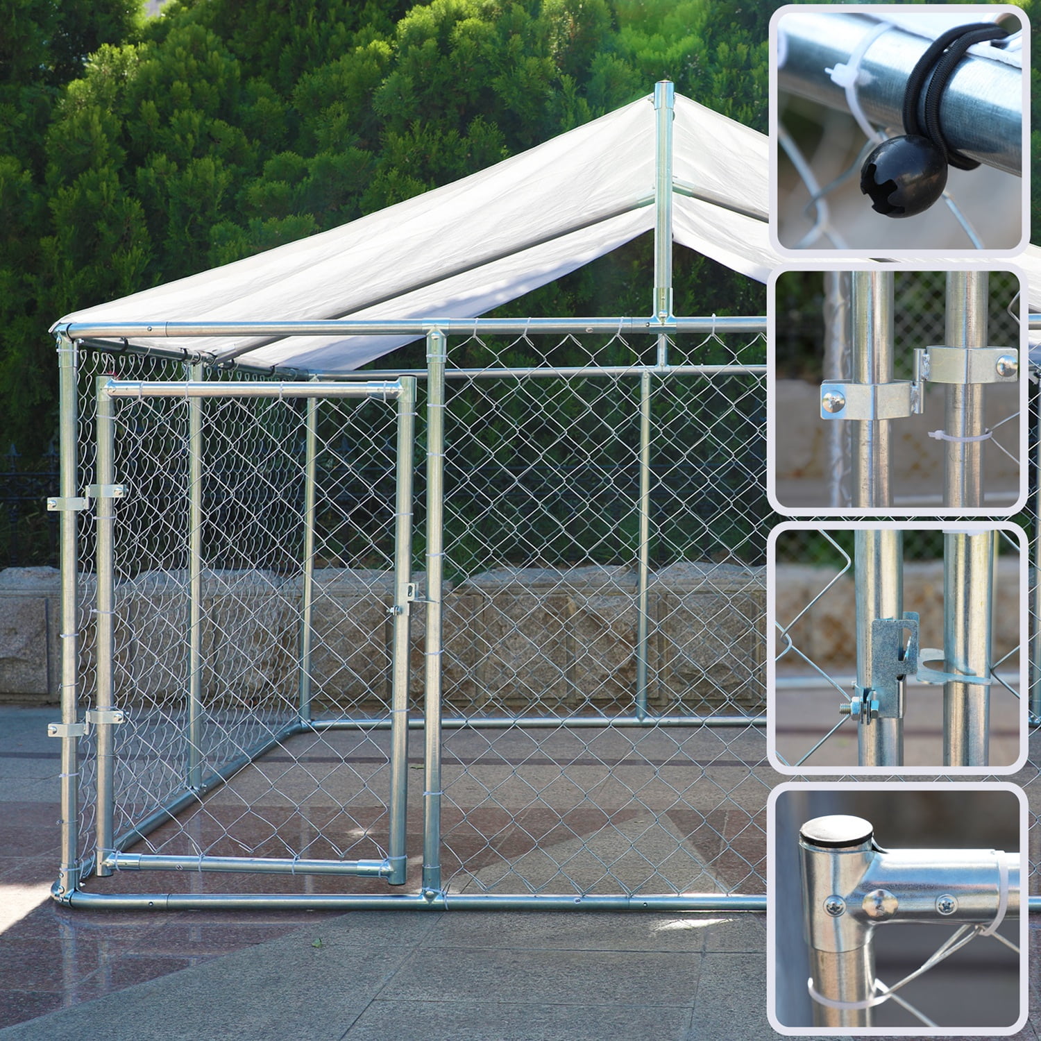 DetalleGo Large Outdoor Dog Kennel, Heavy Duty Galvanized Steel Dog Enclosure with Waterproof UV-Resistant Cover, Lockable Door Chain Link Playpen for Large Pets (90" L x 90" W x 65" H)