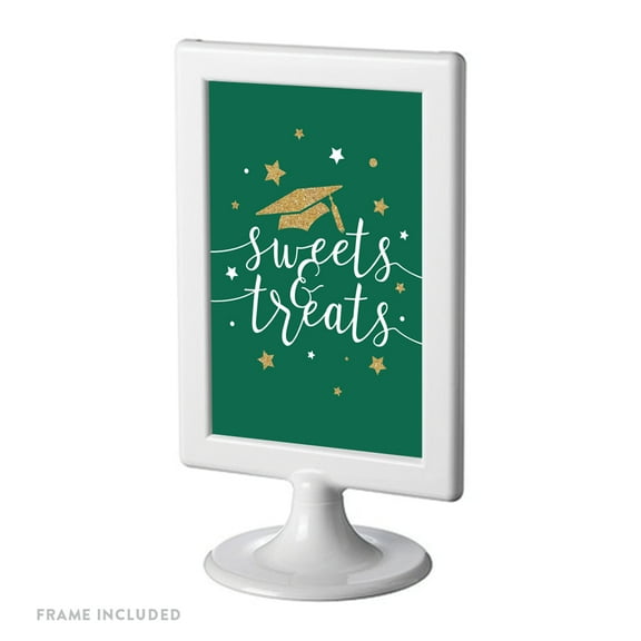 Emerald Forest Green and Gold Glittering Graduation Party, Party Sign, 4x6-inch, Sweets & Treats, Includes Frame