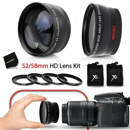 Superb 52/58mm Wide Angle Lens with Macro + 52/58mm 2 x Telephoto Lens Kit (Fits all 52mm NIKON Lenses) for NIKON D7200, D7100, D7000, D750 D5300, D5200, D5100, D810, D800, D610, D600, D3300, D3200, (Best Wide Angle Lens For Nikon D7100)