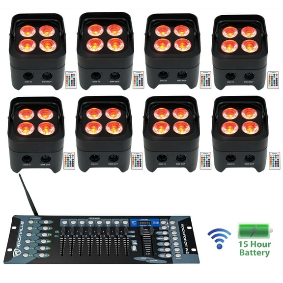 8 Rockville BEST PAR 50 Battery Par Wash Lights Wireless DMX Controller RGBWA UV