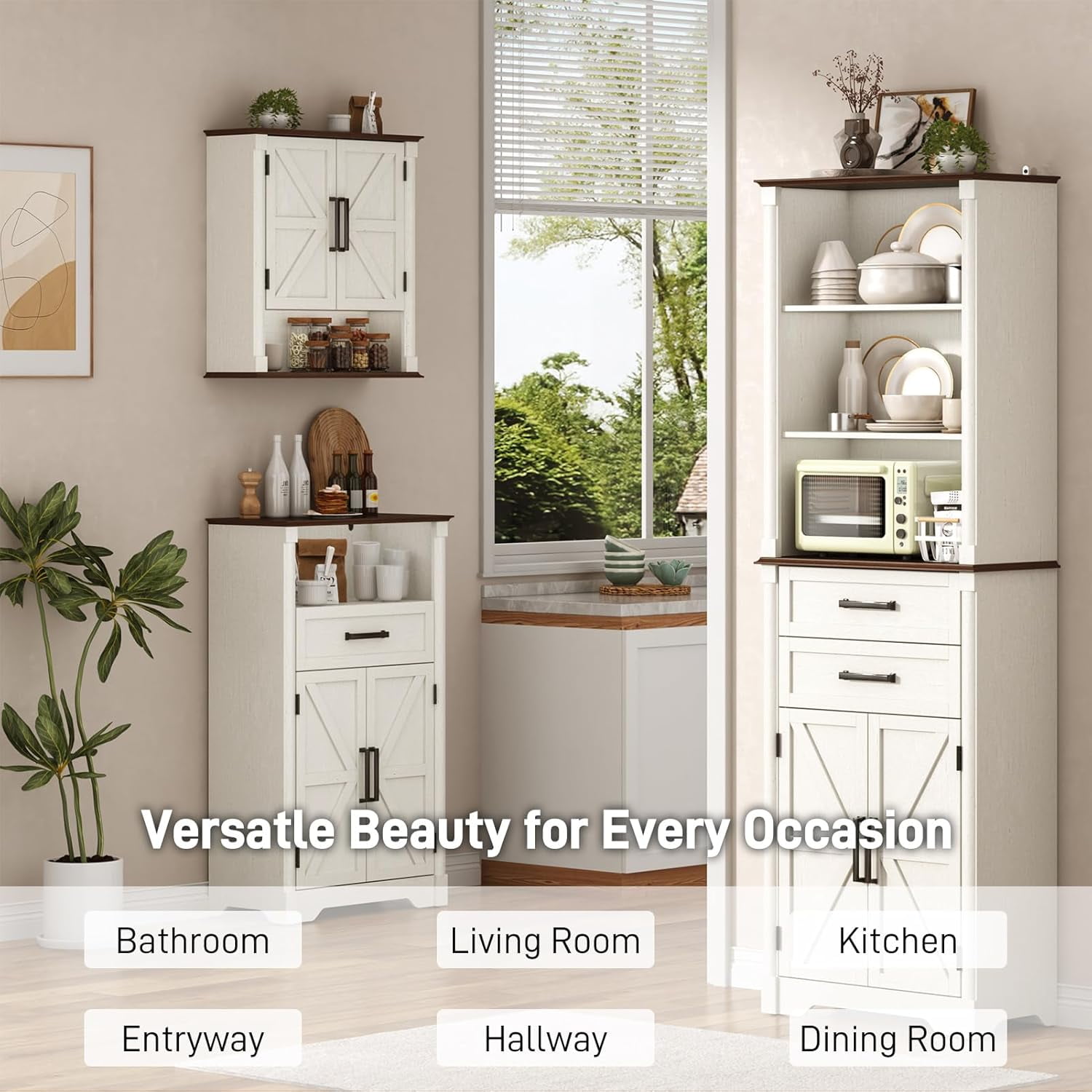 Farmhouse Floor Storage Cabinet with Drawers & 2 Barn Doors, Wood Bathroom Storage Cabinet with Roman Column Decor, Farmhouse Storage Cabinets with Adjustable Shelf & Door Cabinets, Rustic White