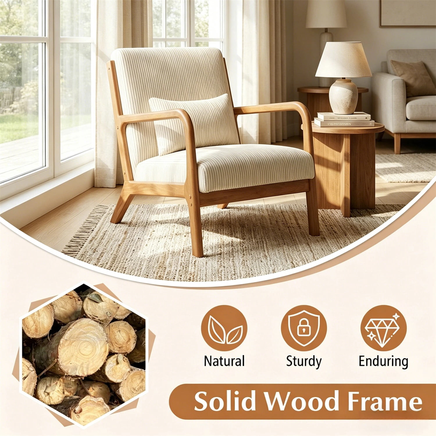 Hommoo Modern Accent Chair, Striped Corduroy Fabric Arm Chair with Solid Wood Frame, Upholstered Comfy Reading Chair for Home, Beige