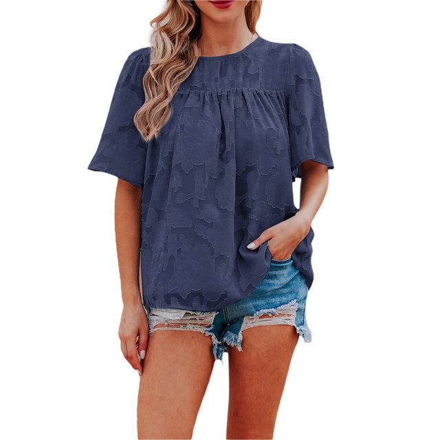 Txlixc, camisetas de gasa de verano para mujer, camisetas de manga corta acampanadas informales holgadas de encaje de Color sólido, ropa de calle para el día a día Txlixc Estilo de ocio