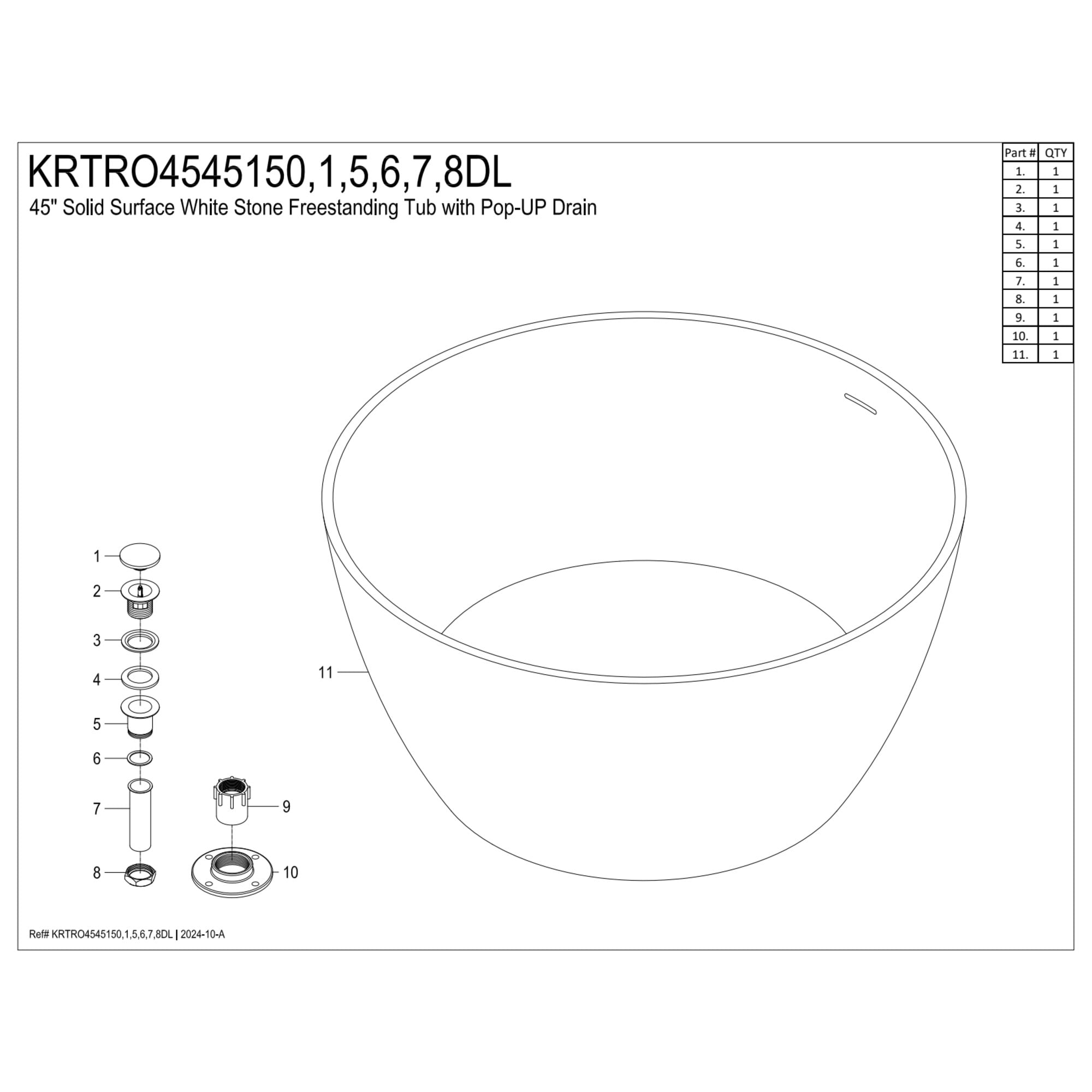 Kingston Brass KRTRO4545157DL 45-Inch Solid Surface Round Double Ended Freestanding Tub with Faucet Combo and Drain in Brushed Brass