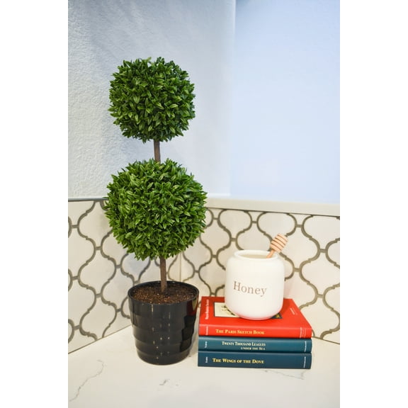 Admired By Nature 18" Faux Tabletop English Boxwood 2 Ball Topiary Plant in Pot, Green