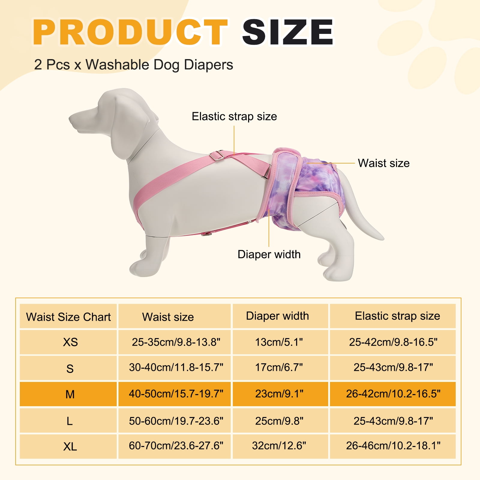 Washable Female Dog Diapers with Suspender, Reusable Dog Diapers Absorbent Leakproof(Tie-Dye Orange Yellow/Tie-Dye Purple M, 2Pcs), Intended for Female in Heat Cycle