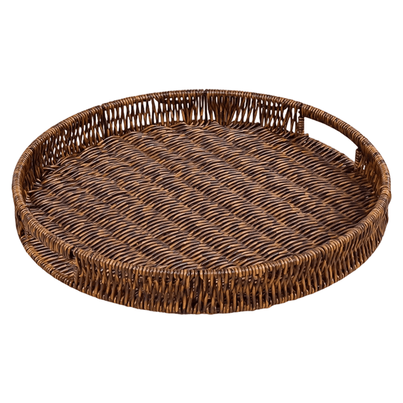 Round Plastic Rattan Tray, 13.8 in Large Basket for Ottoman Coffee Table, Hand-Woven Serving Tray with Metal Frame, Boho Style Farmhouse Decor for Fruit Food Display