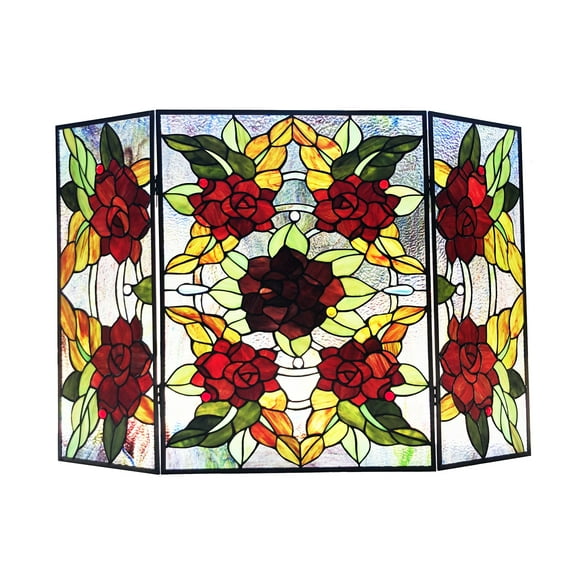 RADIANCE Goods Tiffany-Style 3pcs Folding Floral Stained Glass Fireplace Screen 40" Width