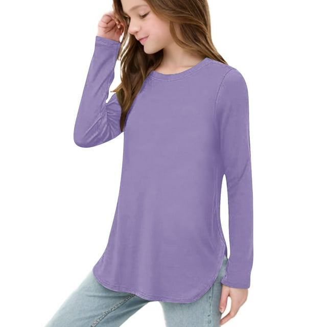 Plebaso Chemises à Manches Longues pour Filles Col Rond Hauts Décontractés Blouses Amples Unies pour Enfants Printemps Été