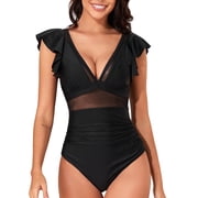 SOMER Women's One Piece Swimsuit Tummy Control Bathing Suits Ruffle V Neck Mesh Sheer Slimming Swimwear