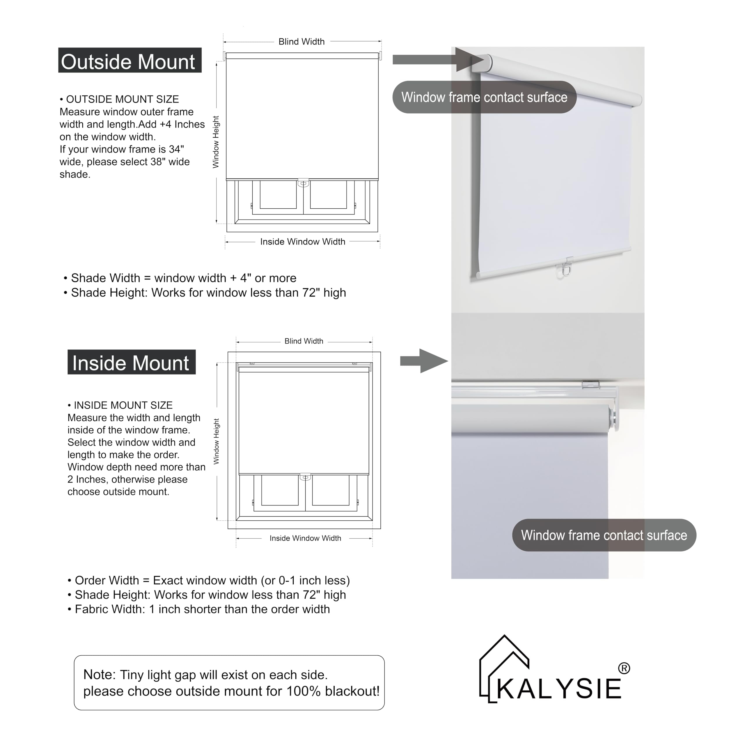 KALYSIE Cordless Roller Shades 100% Blackout Blinds for Windows and Doors, Pull Down Room Darkening Window Shades, Easy to Install for Home and Office, White, Fixed 75 Inches High, 48 Inches Width