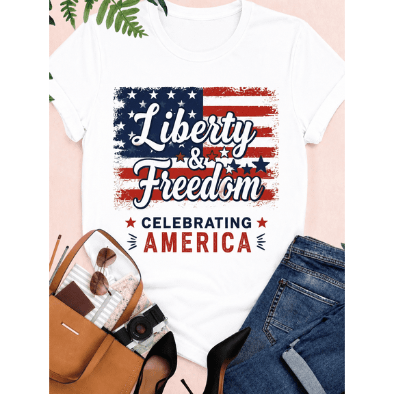 Women's Liberty & Freedom Patriotic Graphic T-Shirt, American Flag Independence Day Short Sleeve Tee