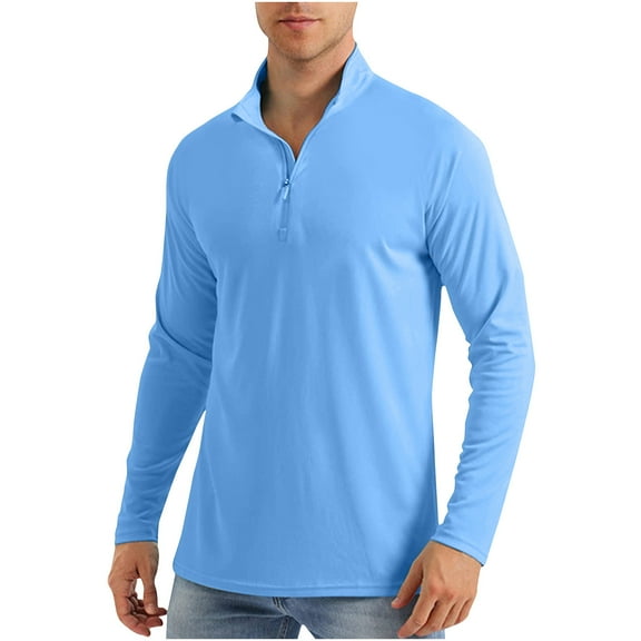 CQONEPT Men's 1/4 Zip Pullover Tops Long Sleeve Shirts Lightweight Solid Color Tunic Tops Athletic Running Tops Light Blue M